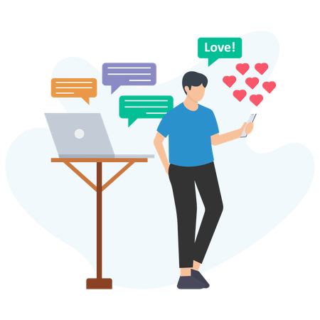 Young man using mobile phone for online dating and sending love messages  Illustration