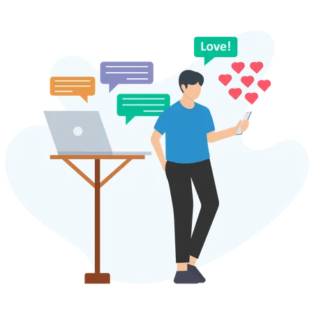 Young man using mobile phone for online dating and sending love messages  Illustration