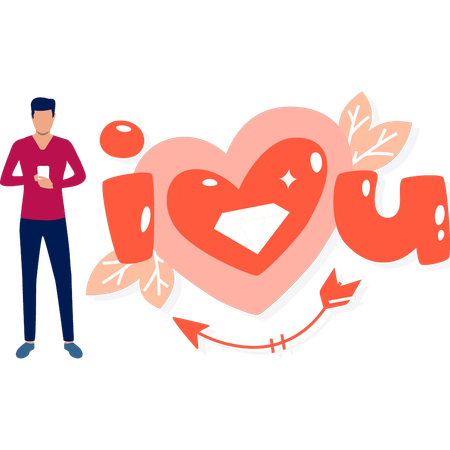 Young man using mobile phone for sending love messages  Illustration