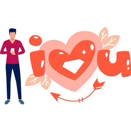 Young man using mobile phone for sending love messages  Illustration