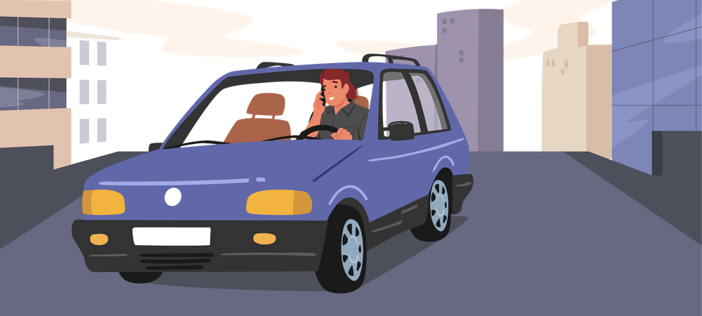 Young man using mobile while driving car over city roadway  Illustration