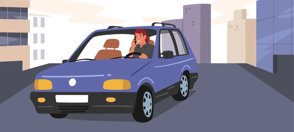 Young man using mobile while driving car over city roadway  Illustration