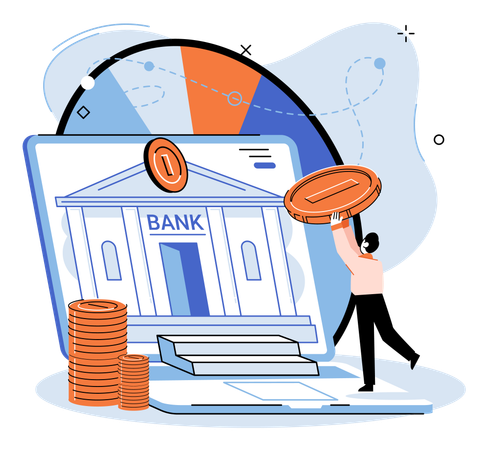 Young man using remote bank service transfer money in bank  Illustration