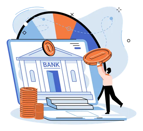 Young man using remote bank service transfer money in bank  Illustration