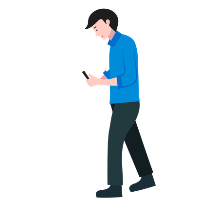Young Man Using Smartphone While Walking  Illustration
