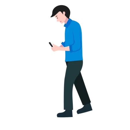 Young Man Using Smartphone While Walking  Illustration