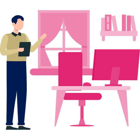 Young man using tab standing at workstation  Illustration