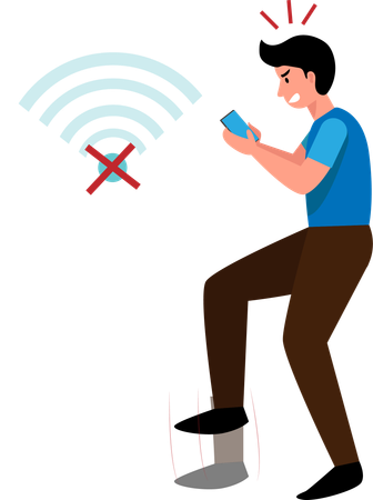 Young man very angry because of his phone Can't connect to the internet Vector illustration  Illustration