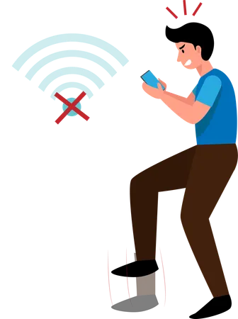 Young man very angry because of his phone Can't connect to the internet Vector illustration  Illustration