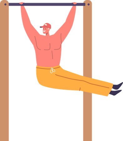 Young Man Vigorously Exercises On Horizontal Bar  Illustration