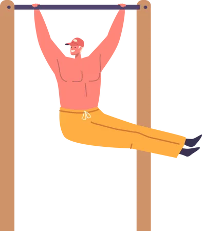 Young Man Vigorously Exercises On Horizontal Bar  Illustration
