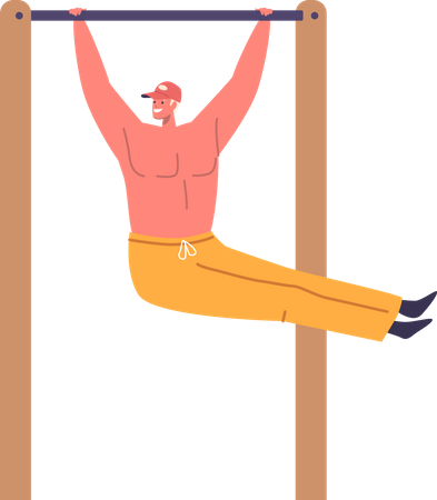 Young Man Vigorously Exercises On Horizontal Bar  일러스트레이션