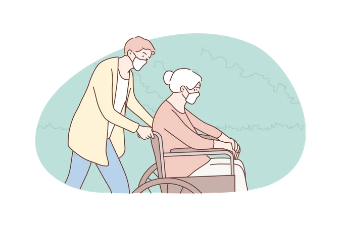 Volunteering Medicine Coronavirus Disability Health Care Concept Young Man Volunteer In Medical Face Mask Pushing Wheelchair Old Woman Granny Pensioner Social Support And Helping Senior Citizen Illustration