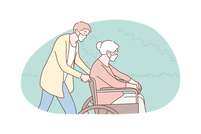 Young man volunteer in medical face mask pushing wheelchair old woman granny pensioner  Illustration