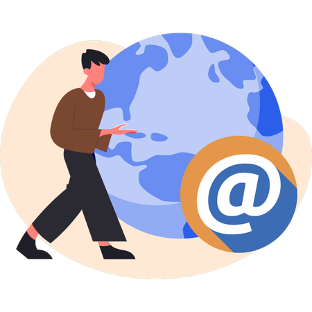 Young man walking near global world  Illustration