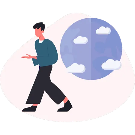 Young man walking near moon  Illustration