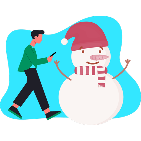 Young man walking near snowman  Illustration