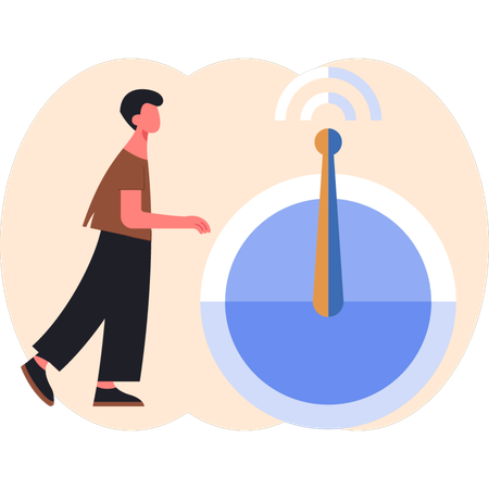無線信号の近くを歩く若い男性  イラスト