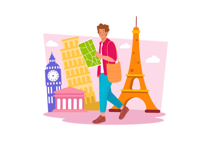 Young man walking to explore places in city Illustration