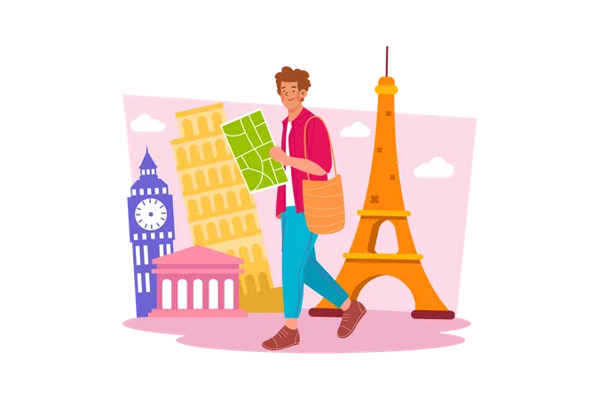 Young man walking to explore places in city  Illustration