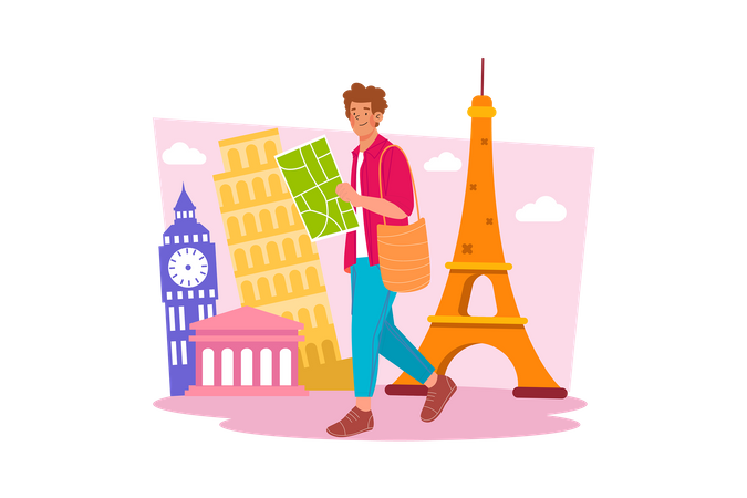 Young man walking to explore places in city  Illustration