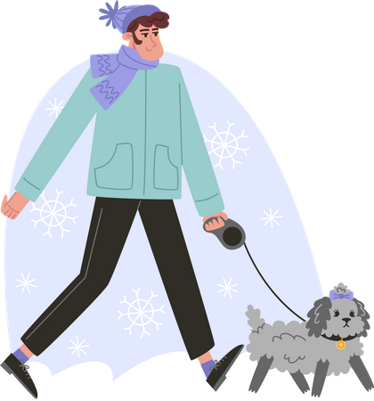 Young man walking with a small curly dog winter  일러스트레이션