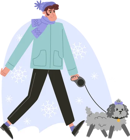 Young Man Walking With A Small Curly Dog In Winter Illustration
