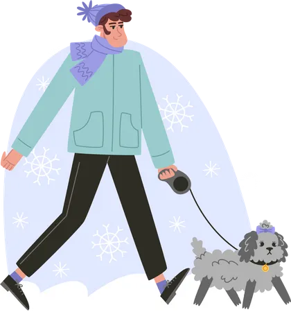 Young man walking with a small curly dog winter  Illustration