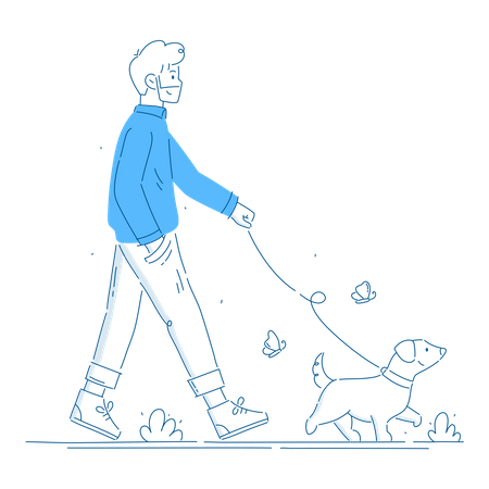 Young man walking with cute dog  Illustration