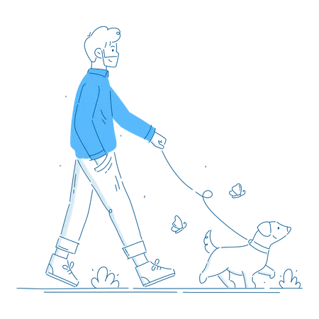 Young man walking with cute dog  Illustration