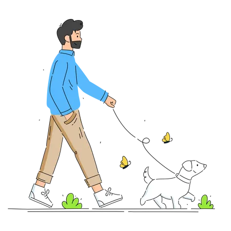 Young man walking with cute dog Illustration