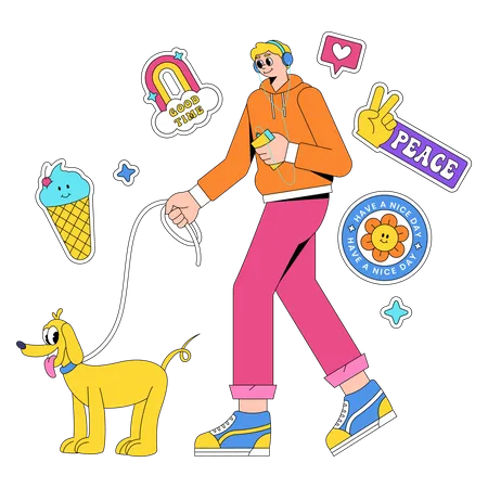 Young Man Walking With Cute Dog With Style 90 S Illustration