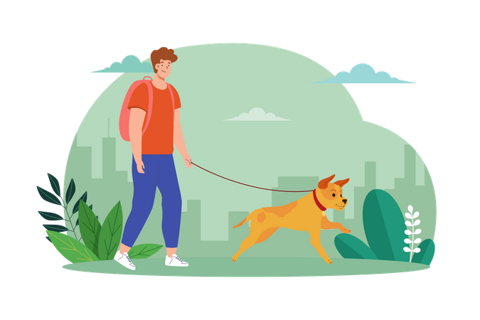 Young Man Walking With Cute Dog  Illustration