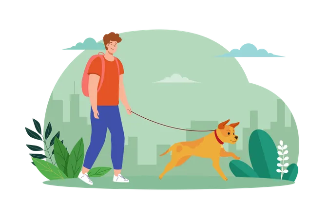 Young Man Walking With Cute Dog  Illustration