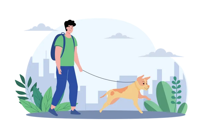 Young Man Walking With Cute Dog Illustration