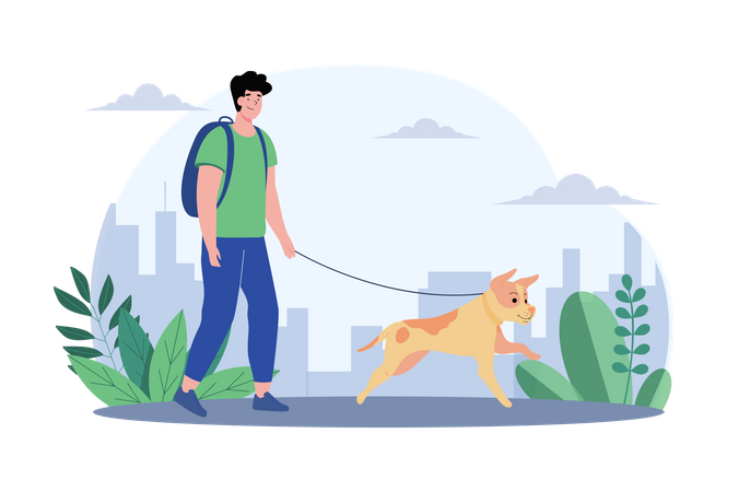 Young Man Walking With Cute Dog  Illustration