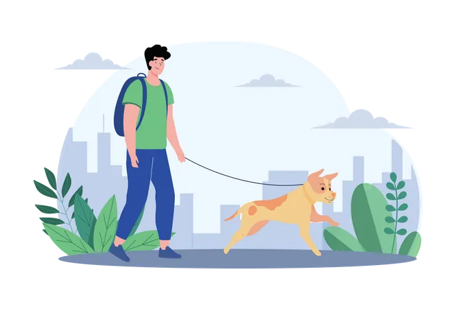 Young Man Walking With Cute Dog  Illustration