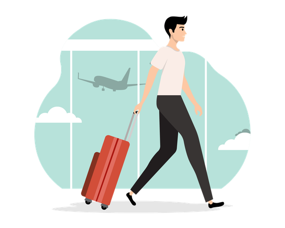 Young man walking with suitcase  Illustration