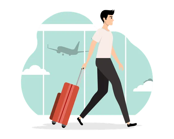Young man walking with suitcase  Illustration
