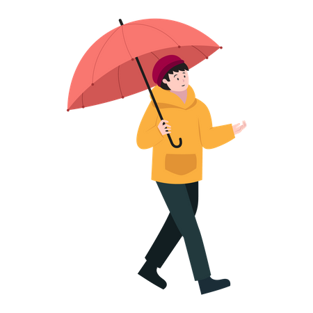 Young Man Walking with Umbrella  イラスト