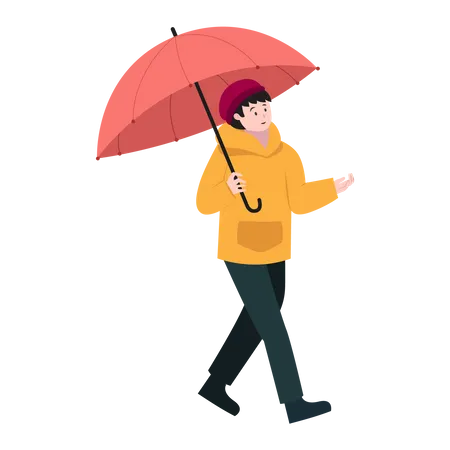 Young Man Walking with Umbrella  Illustration