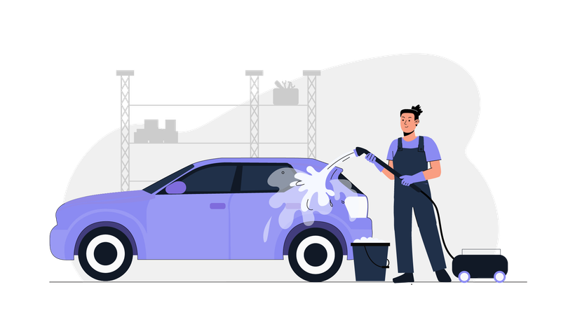 Young man washing car using spraying water  Illustration