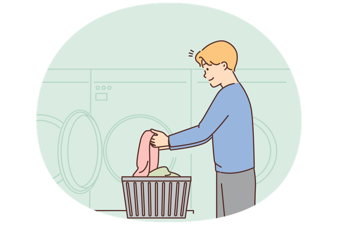 Young man washing clothes in laundromat  Illustration