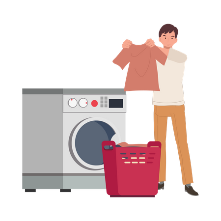 Young man washing clothes using washing machine  Illustration