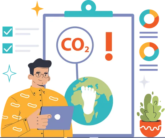 Young man watching carbon footprint report  Illustration