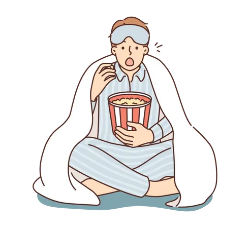 Young man watching movie in night Illustration