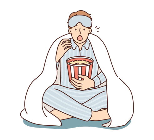 Young man watching movie in night  Illustration