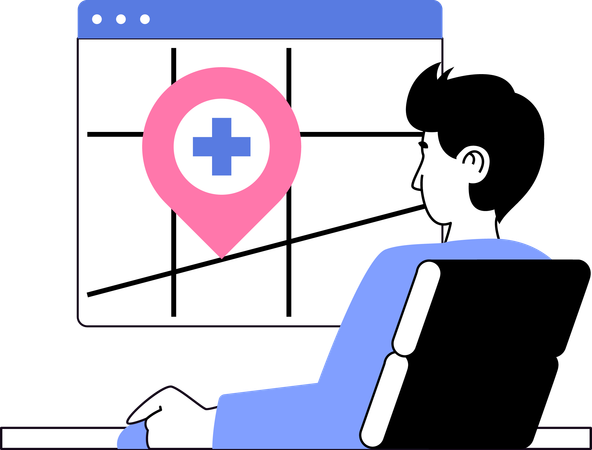 Young man watching online hospital location  Illustration