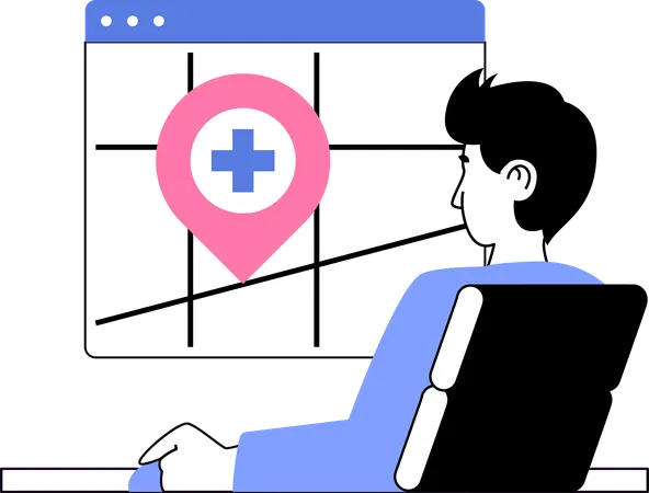 Young man watching online hospital location  Illustration