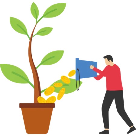 Young man watering a plant growing in a pot with a bucket full of dollar coins  Illustration